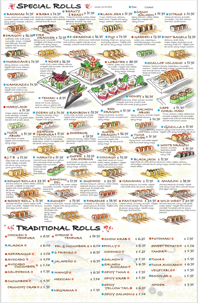 SushiOo Thai and Asian Cuisine menu board