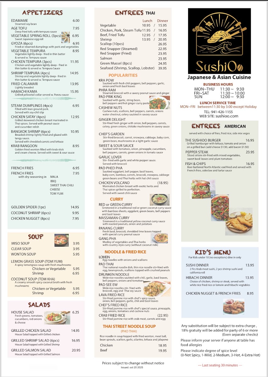SushiOo Thai and Asian Cuisine menu board