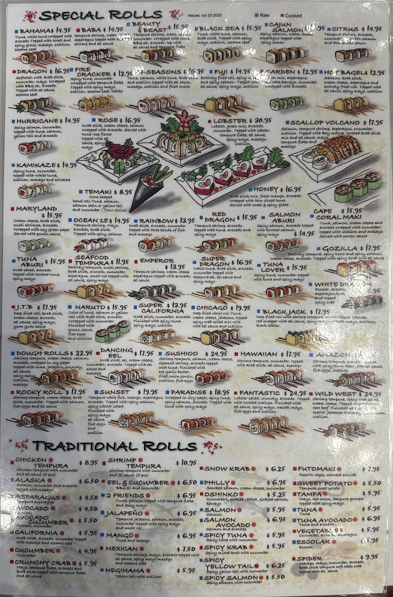 SushiOo Thai and Asian Cuisine menu board