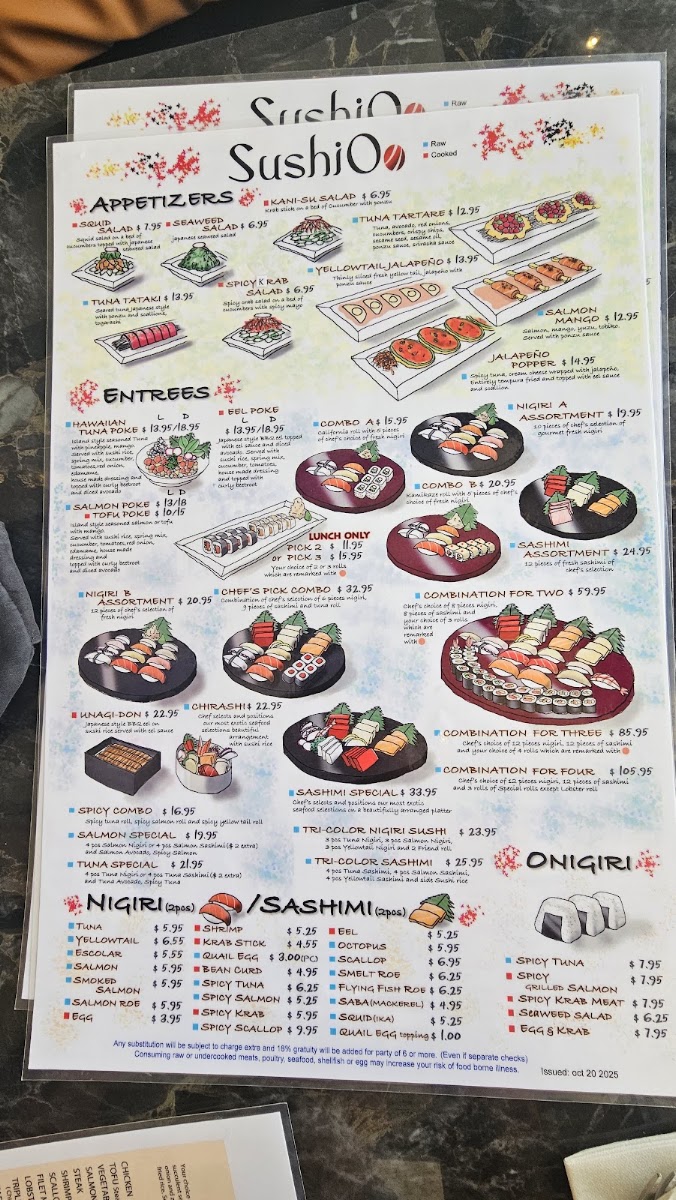 SushiOo Thai and Asian Cuisine menu board