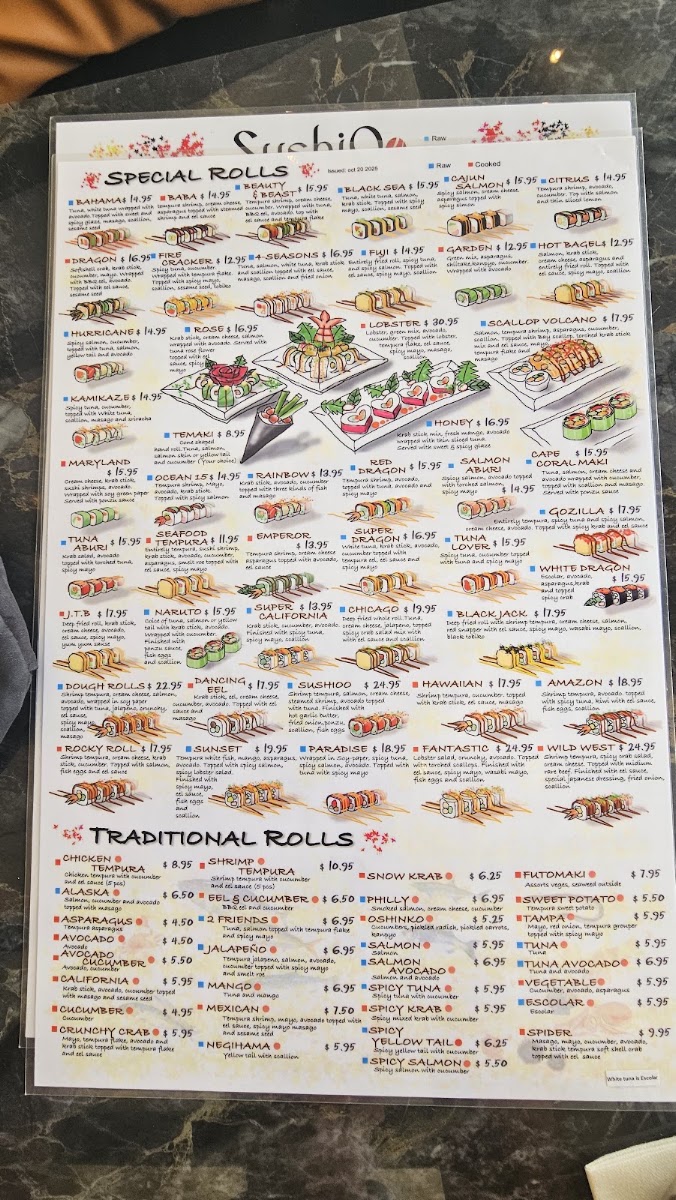SushiOo Thai and Asian Cuisine menu board