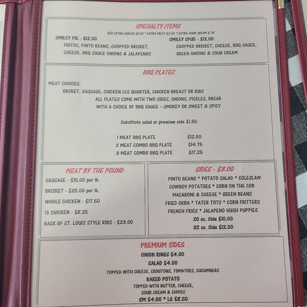 Smiley's Cafe menu board