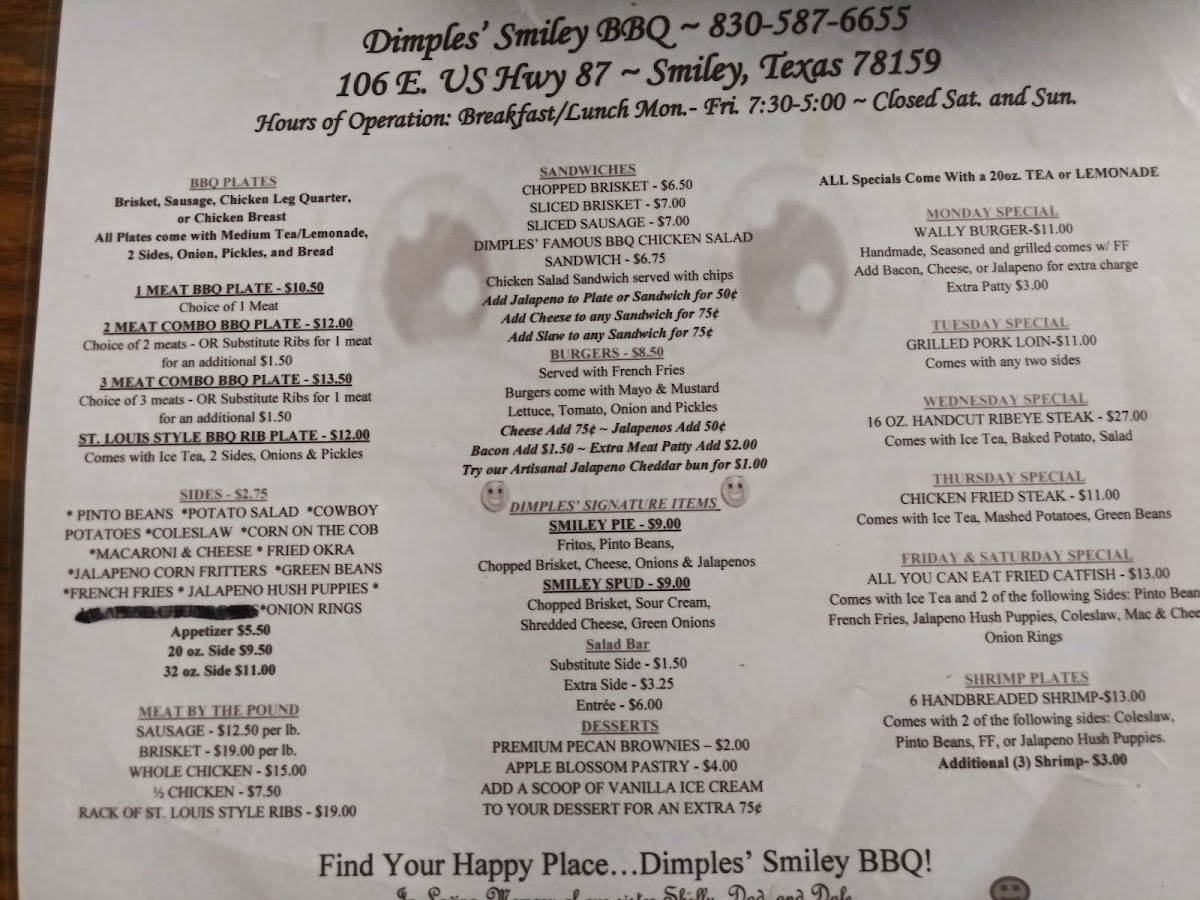 Smiley's Cafe menu board