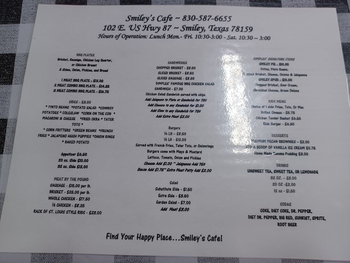 Smiley's Cafe menu board