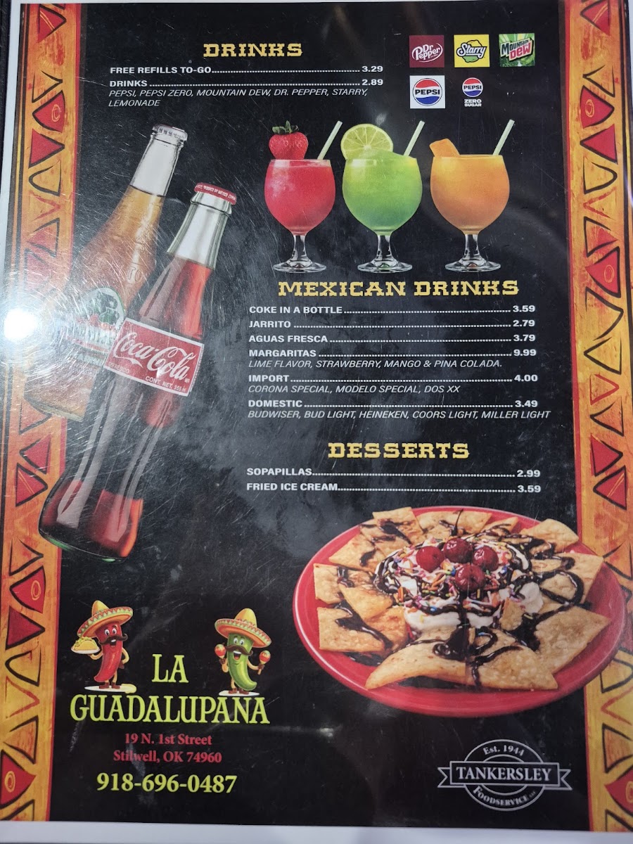 La Guadalupana Mexican Restaurant menu board