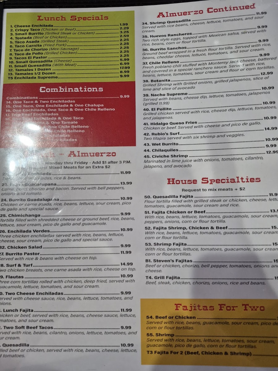 La Guadalupana Mexican Restaurant menu board