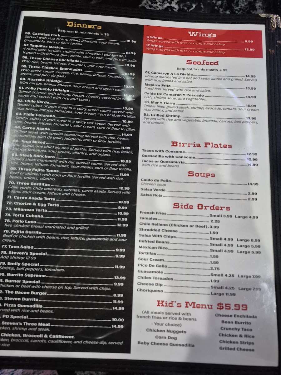 La Guadalupana Mexican Restaurant menu board