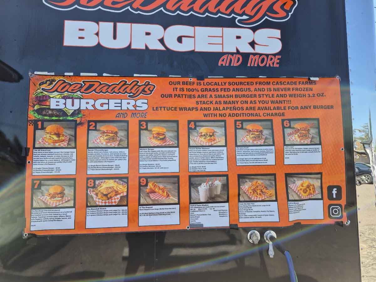 Joe Daddy’s Burgers and more menu board