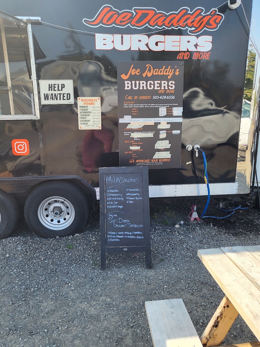 Joe Daddy’s Burgers and more menu board