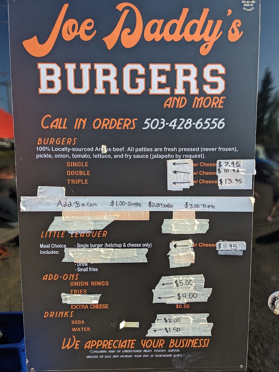 Joe Daddy’s Burgers and more menu board