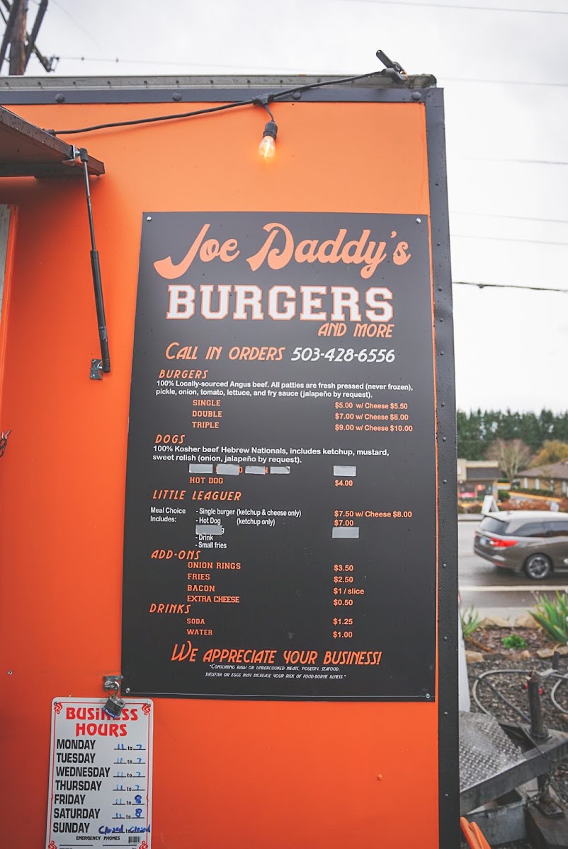 Joe Daddy’s Burgers and more menu board