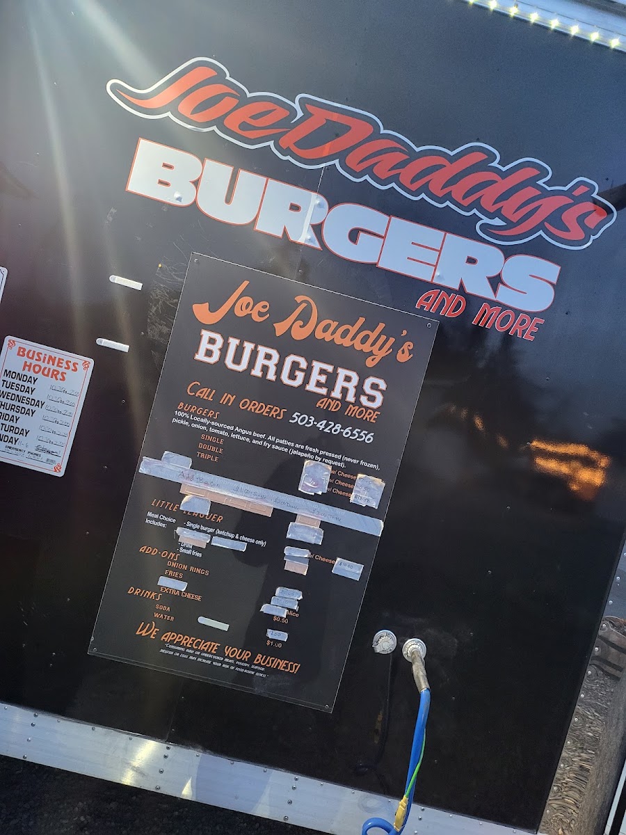 Joe Daddy’s Burgers and more menu board