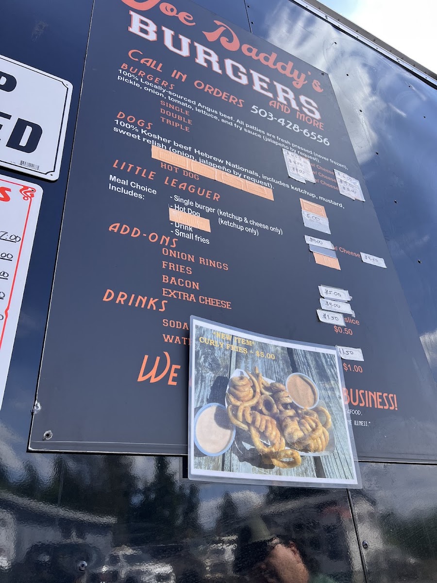 Joe Daddy’s Burgers and more menu board