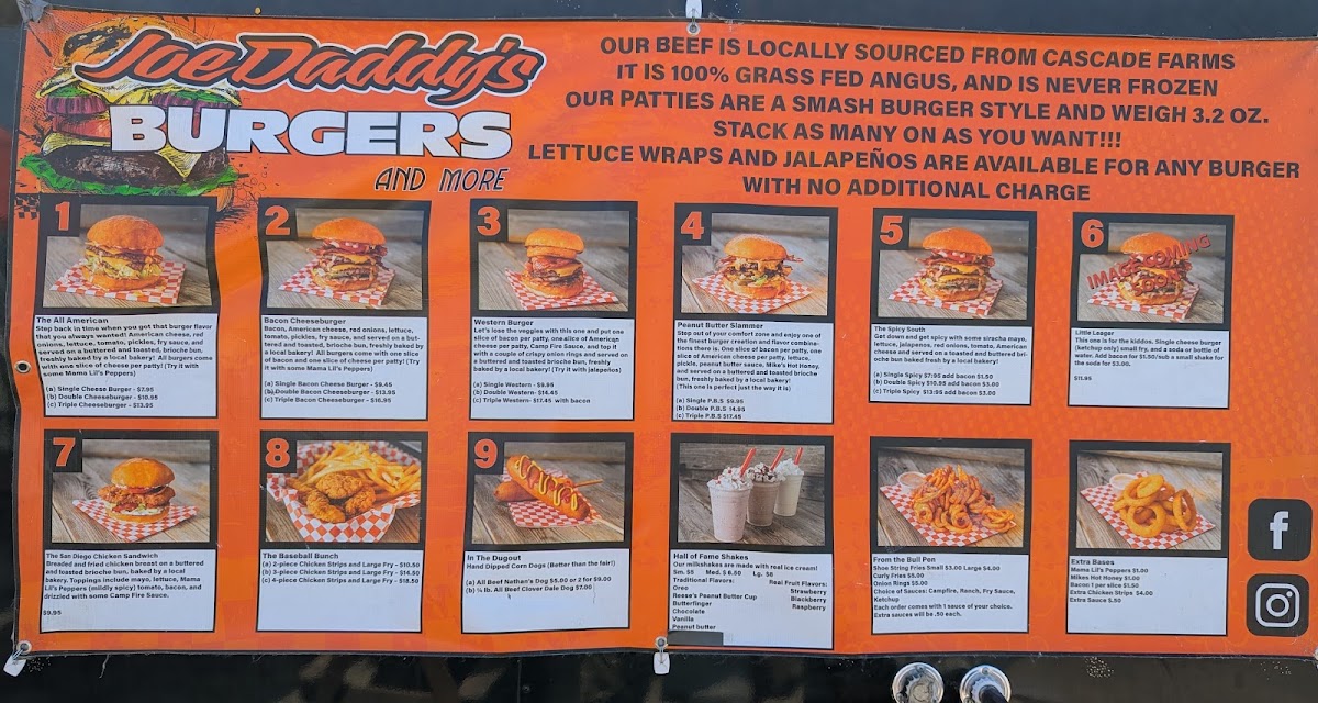 Joe Daddy’s Burgers and more menu board