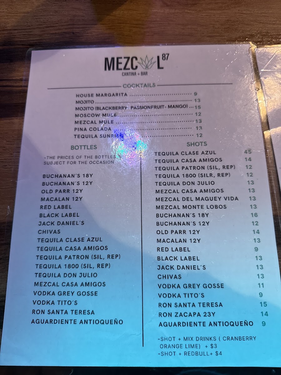MEZCAL 87 CANTINA+BAR menu board