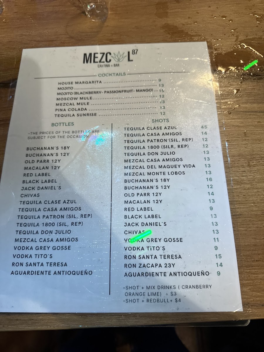 MEZCAL 87 CANTINA+BAR menu board