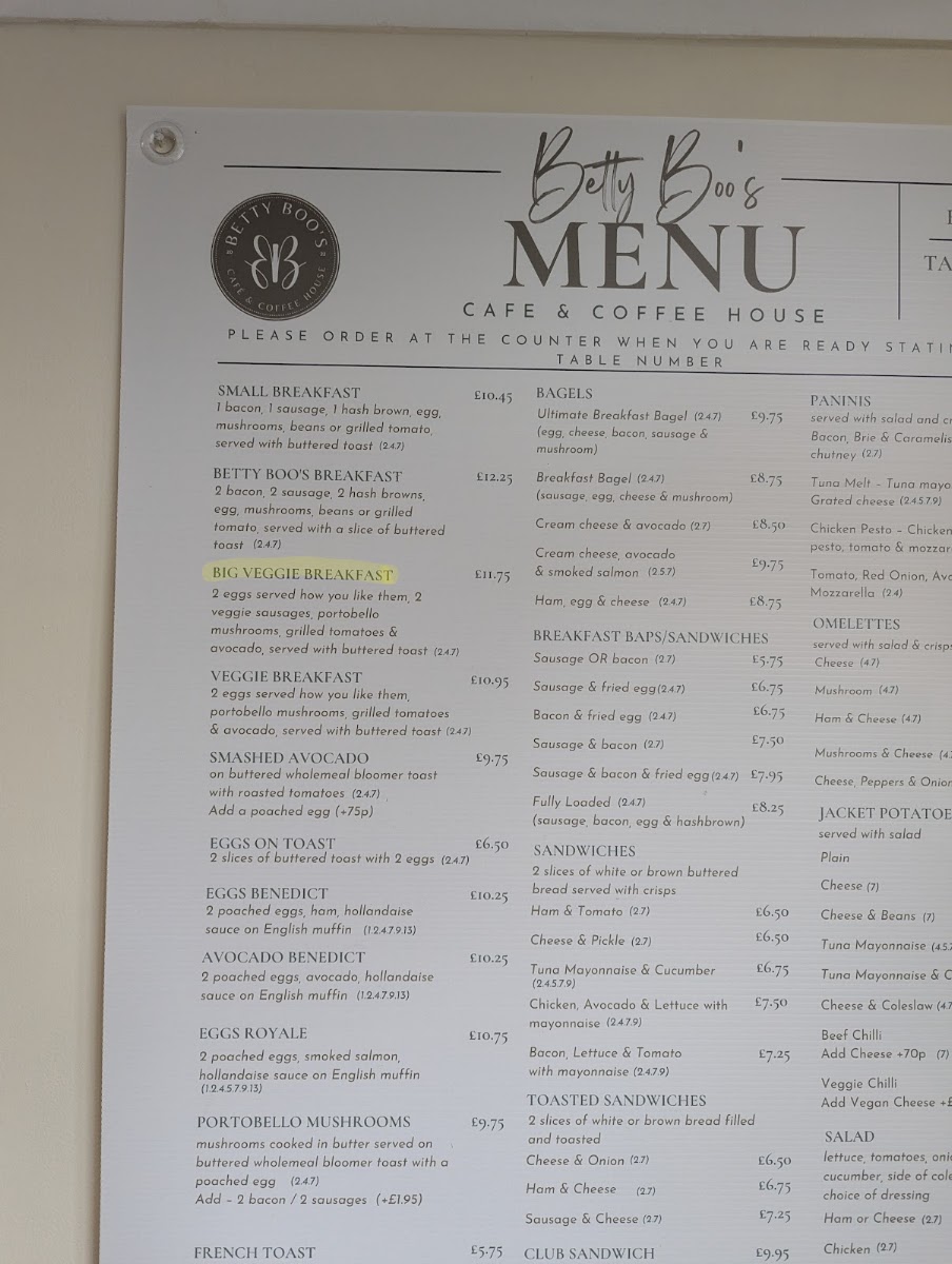 Betty Boo's Cafe & Coffee House menu board