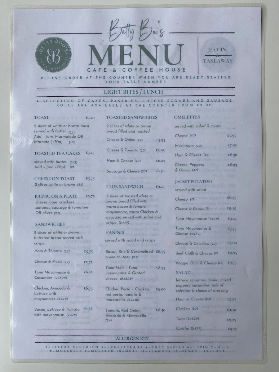 Betty Boo's Cafe & Coffee House menu board