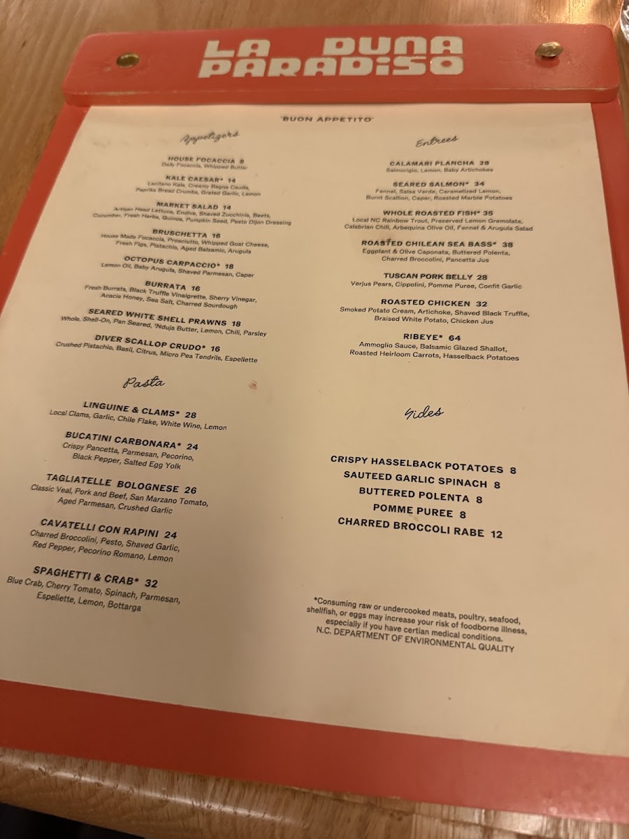 La Duna Paradiso menu board