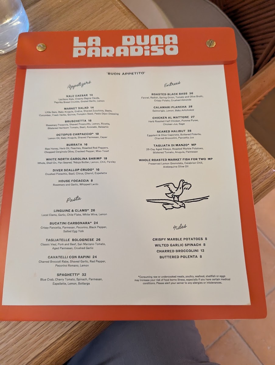 La Duna Paradiso menu board