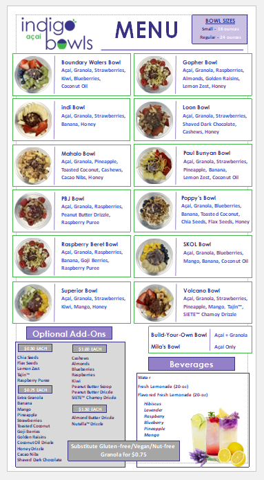 Indigo Acai Bowls menu board
