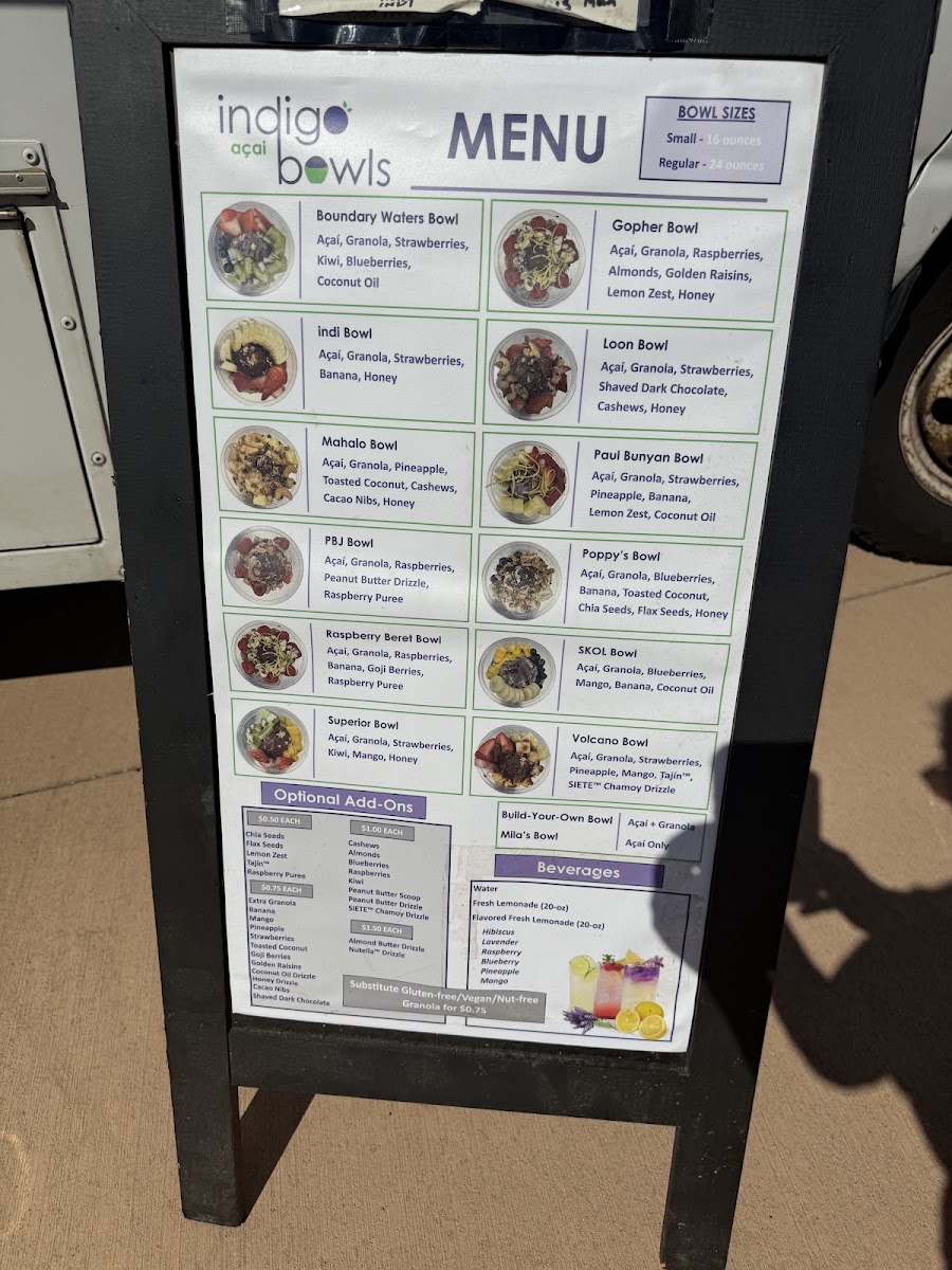 Indigo Acai Bowls menu board
