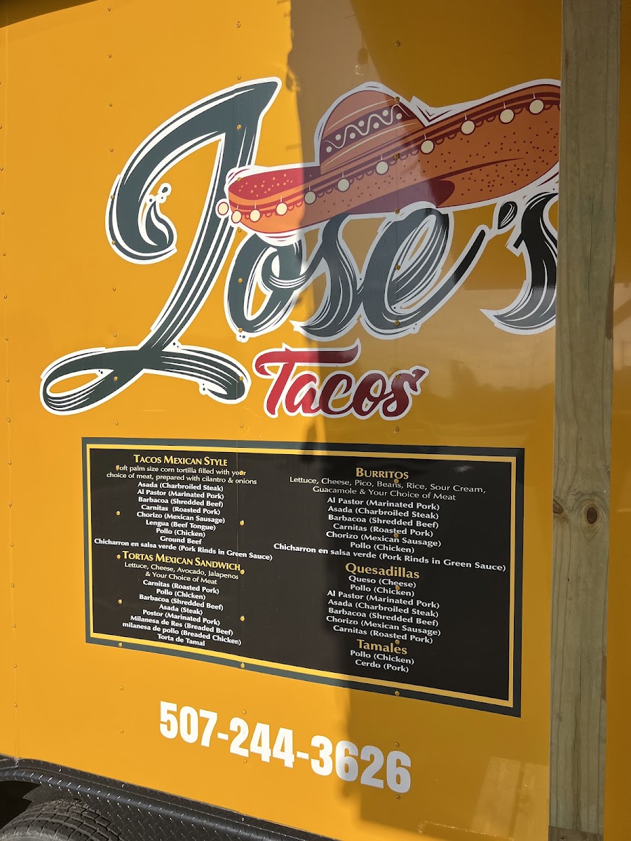 Jose's Tacos menu board