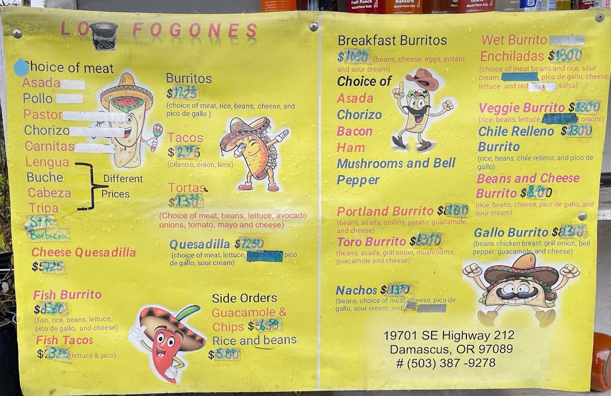 Los Fogones Taco Truck menu board
