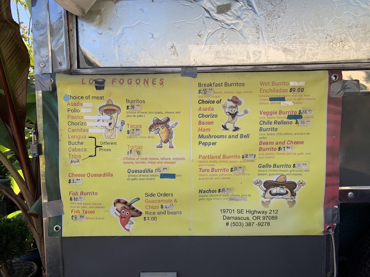 Los Fogones Taco Truck menu board