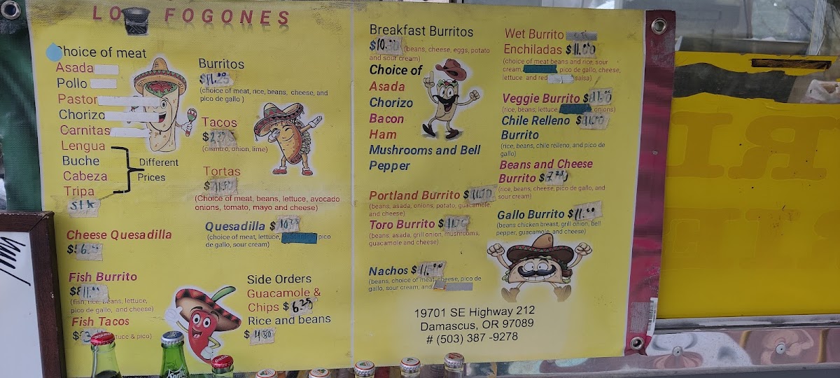 Los Fogones Taco Truck menu board