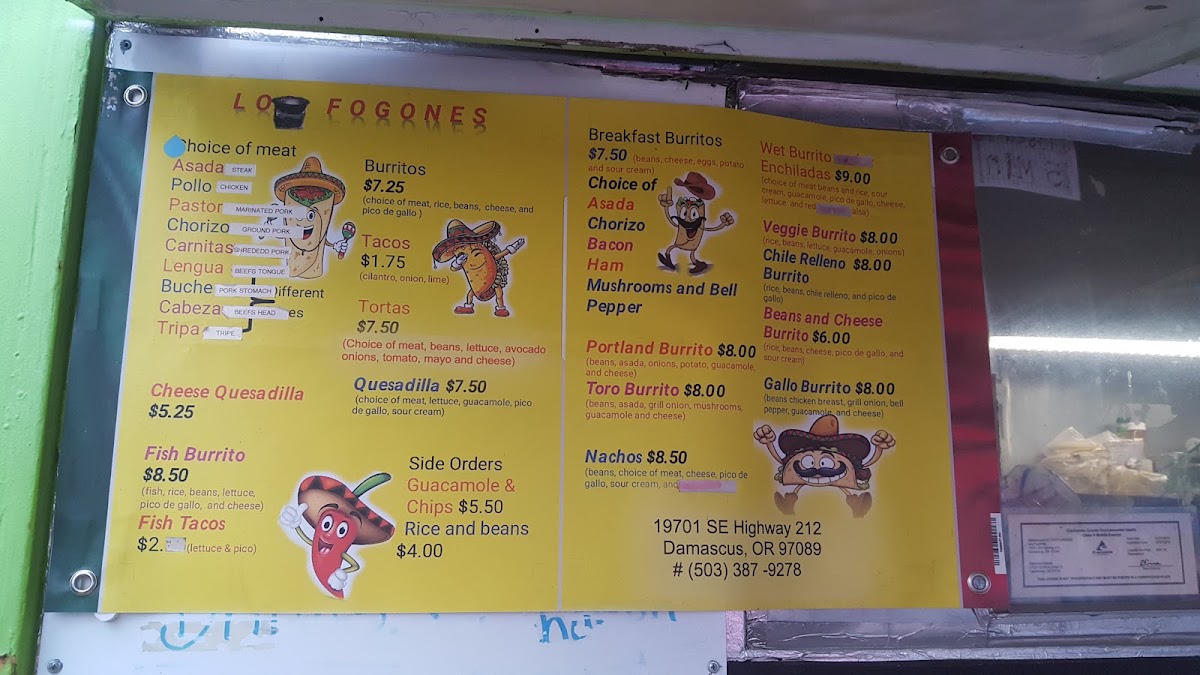 Los Fogones Taco Truck menu board