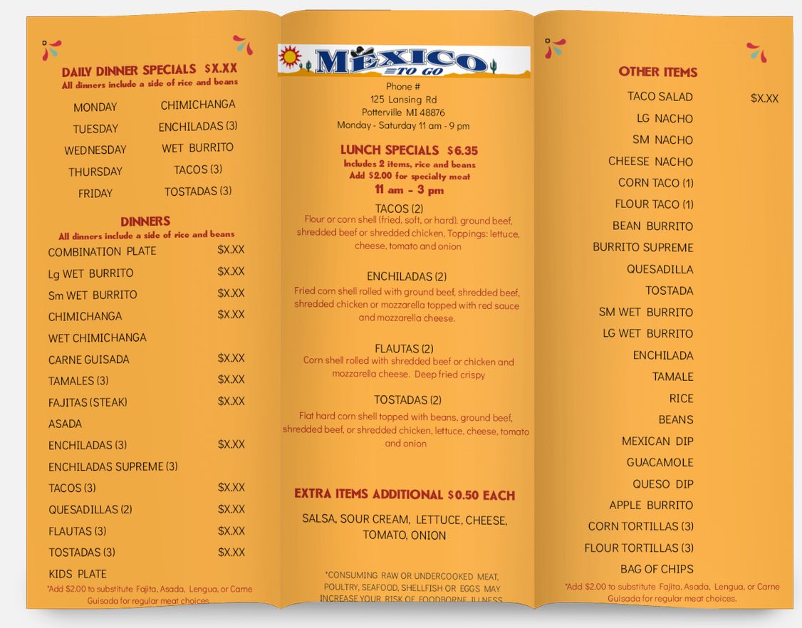 Mexico To Go Potterville menu board