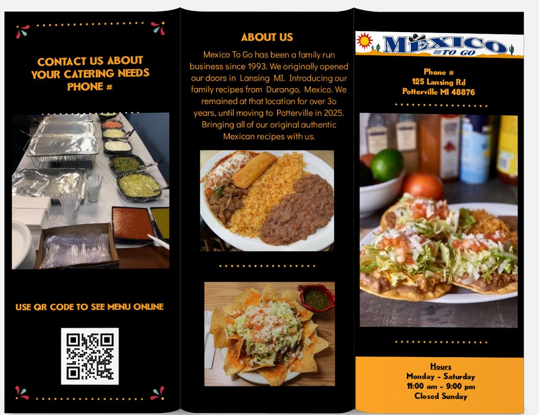 Mexico To Go Potterville menu board