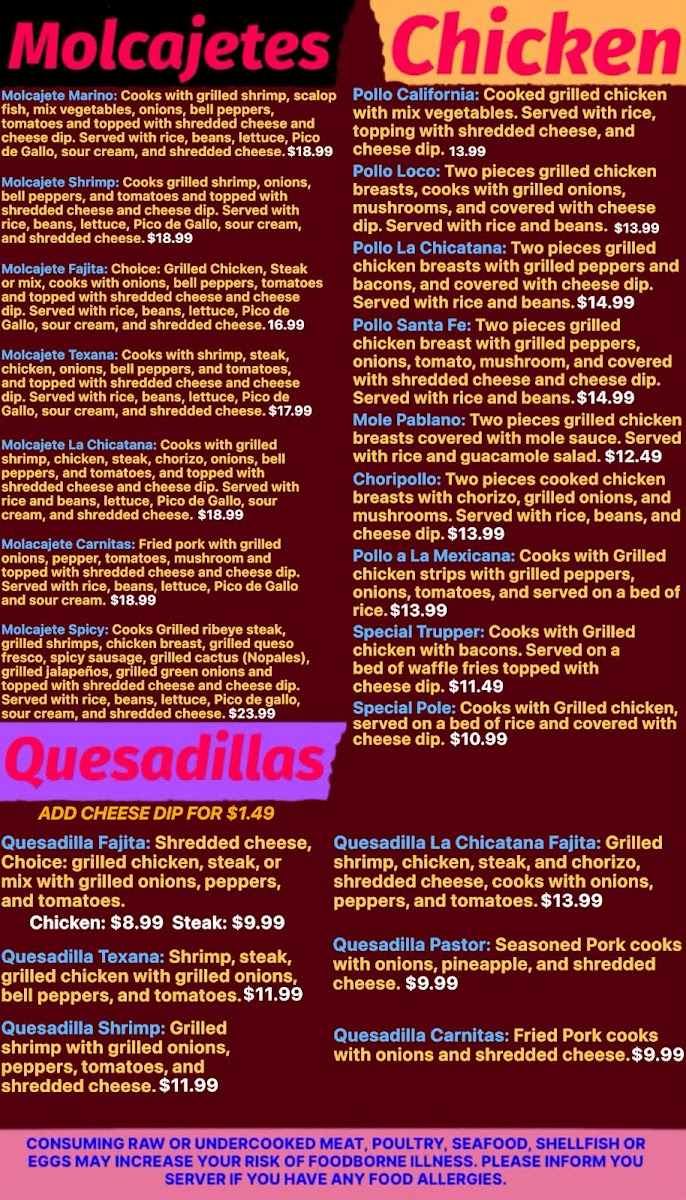 La Chicatana Mexican Restaurant, Grill, and Bakery menu board