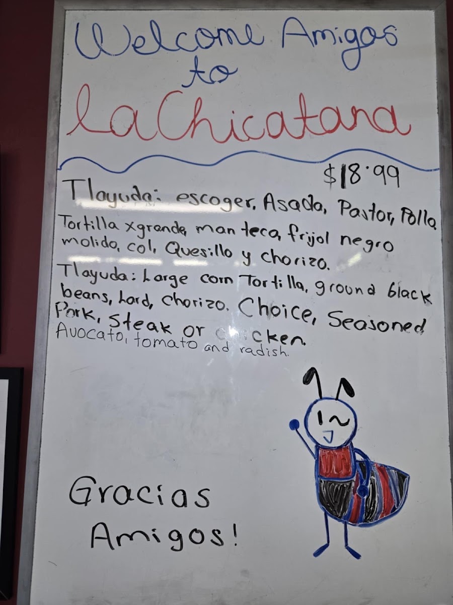 La Chicatana Mexican Restaurant, Grill, and Bakery menu board
