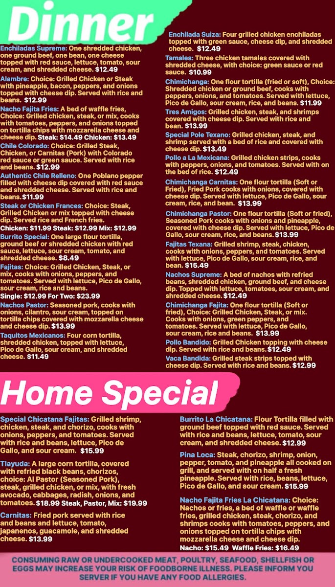La Chicatana Mexican Restaurant, Grill, and Bakery menu board