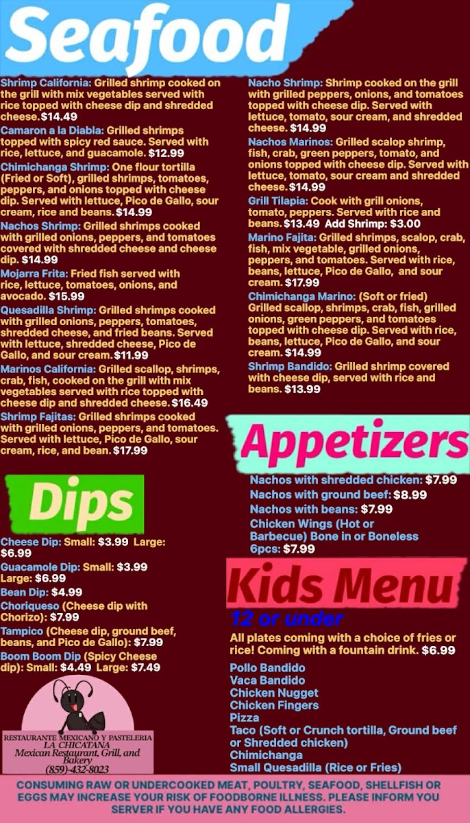 La Chicatana Mexican Restaurant, Grill, and Bakery menu board
