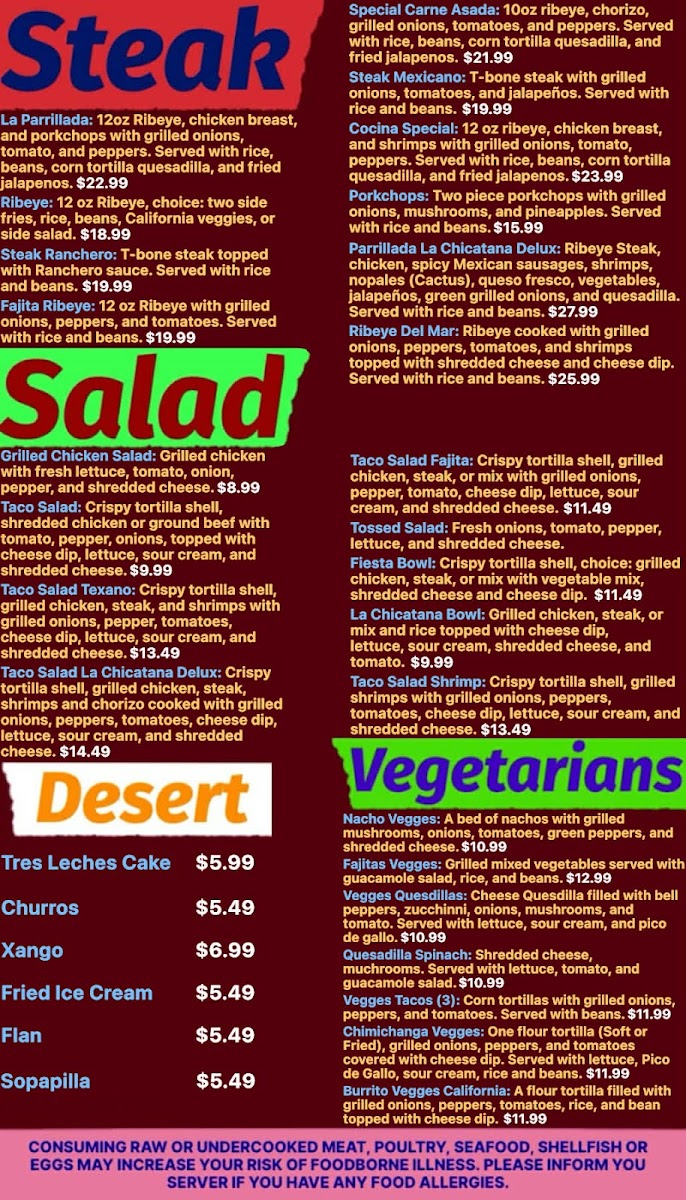 La Chicatana Mexican Restaurant, Grill, and Bakery menu board