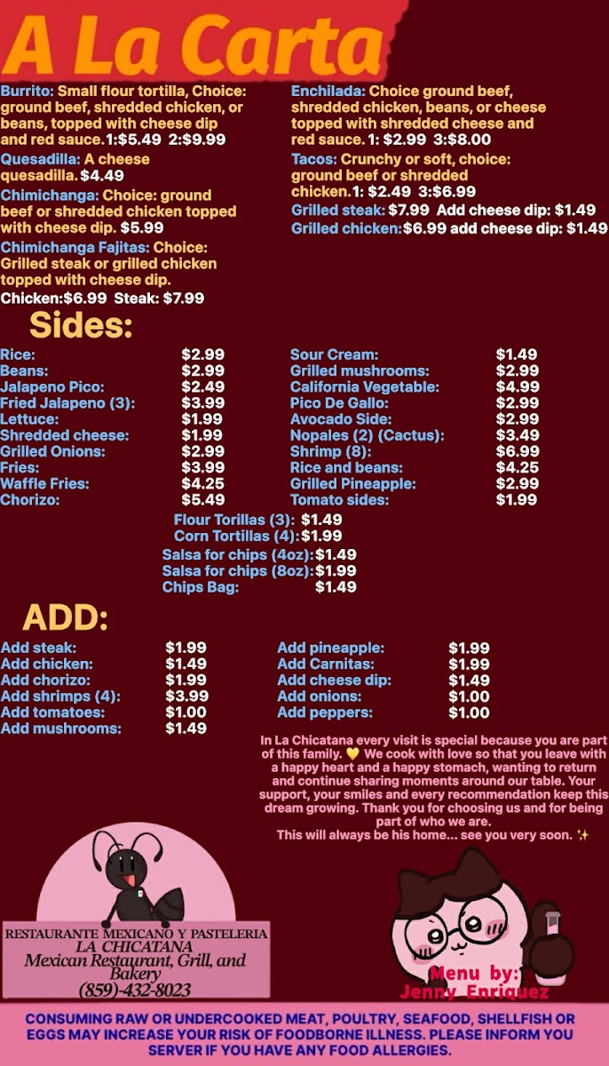 La Chicatana Mexican Restaurant, Grill, and Bakery menu board
