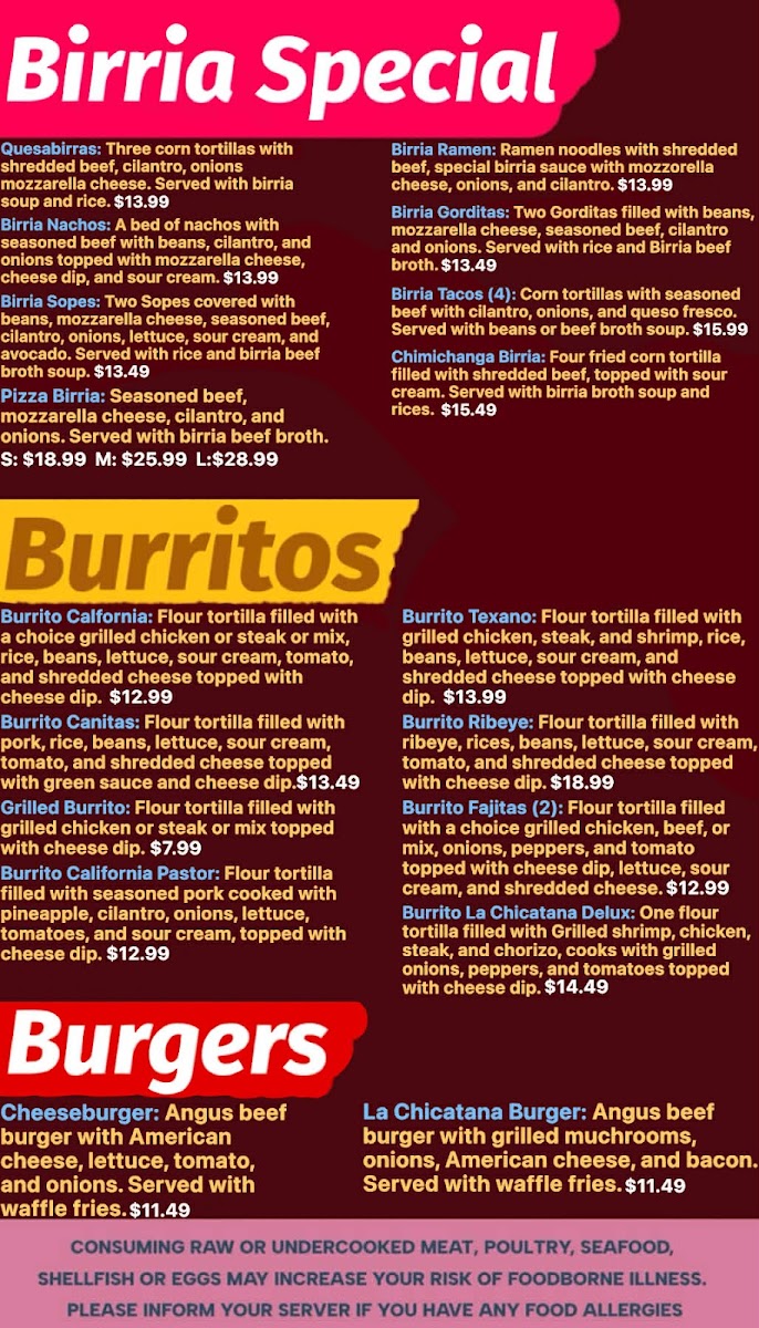 La Chicatana Mexican Restaurant, Grill, and Bakery menu board