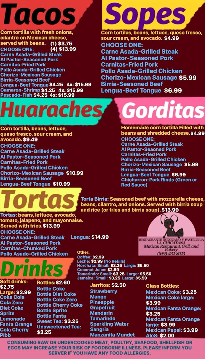 La Chicatana Mexican Restaurant, Grill, and Bakery menu board