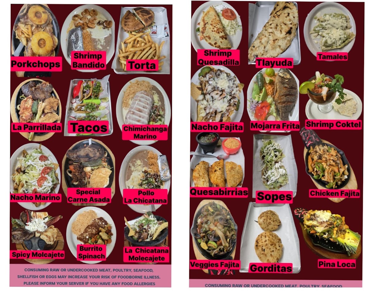 La Chicatana Mexican Restaurant, Grill, and Bakery menu board
