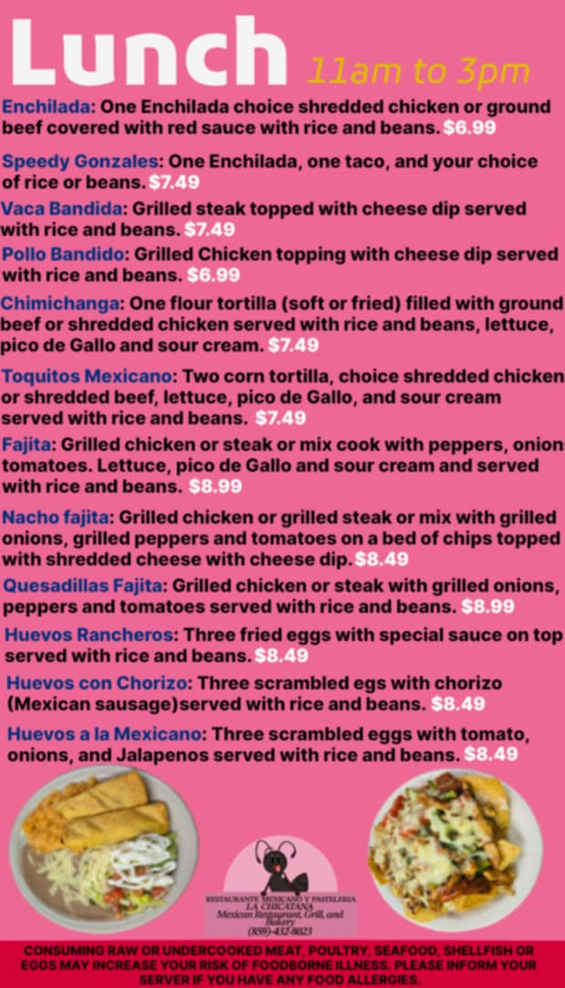 La Chicatana Mexican Restaurant, Grill, and Bakery menu board