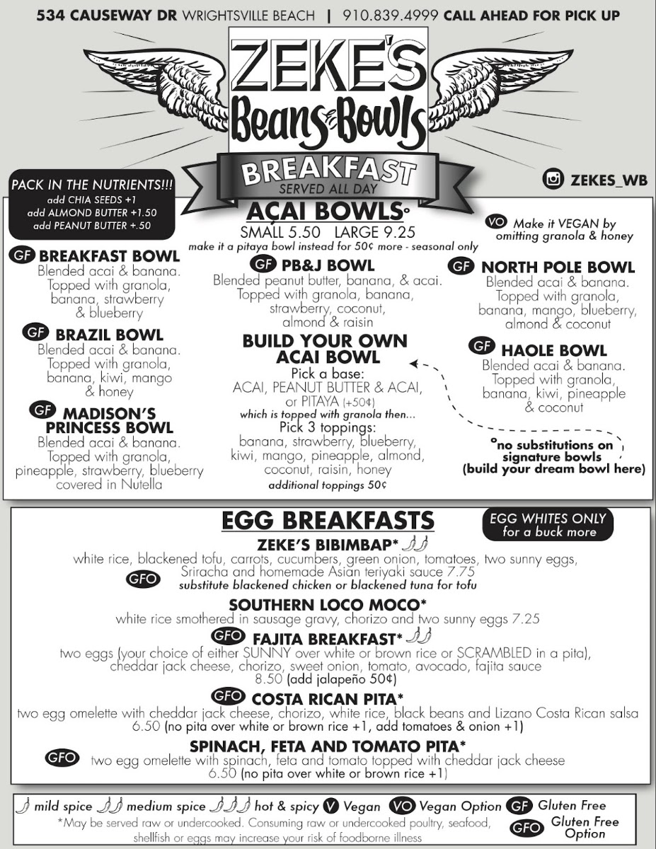 Zeke's Beans and Bowls menu board