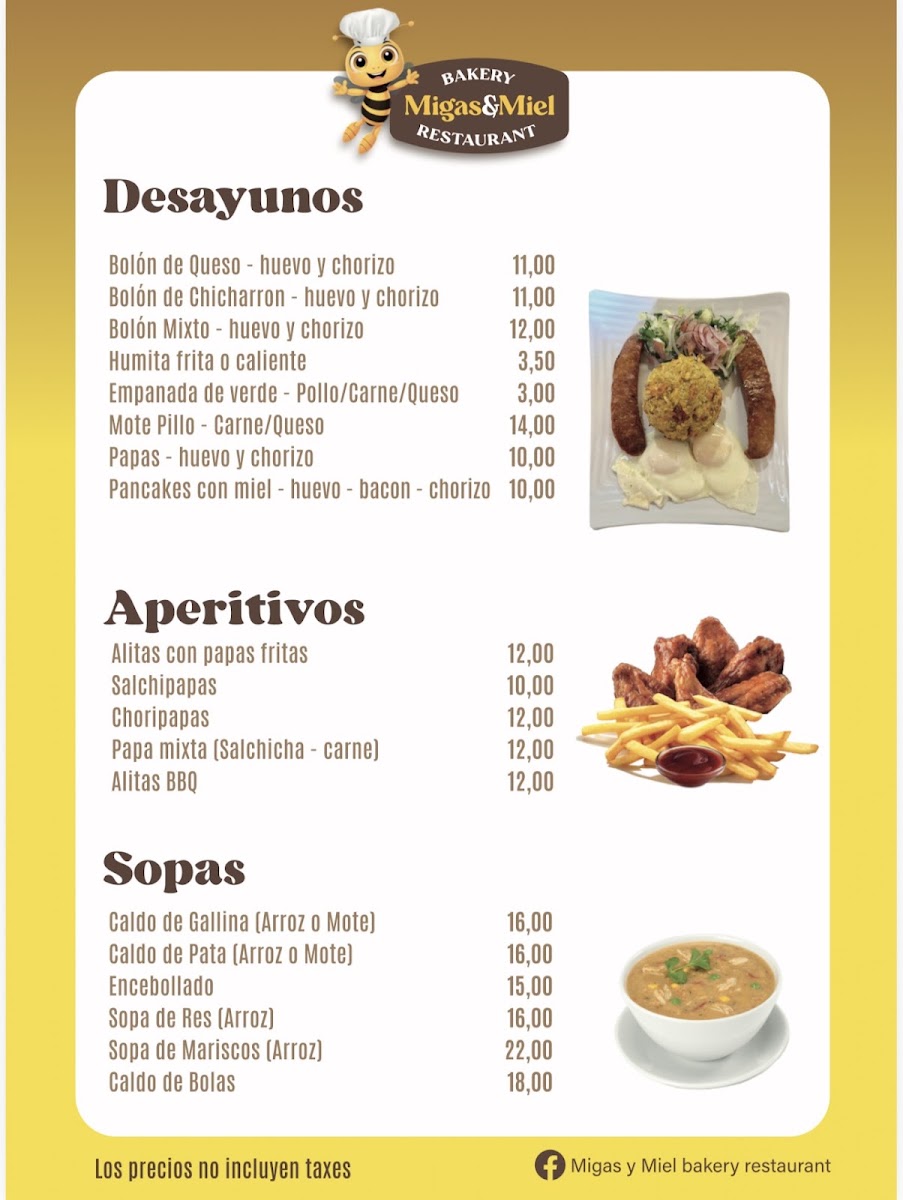 MIGAS Y MIEL BAKERY RESTAURANT menu board