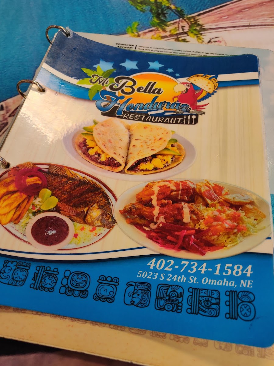 Mi Bella Honduras Restaurant menu board