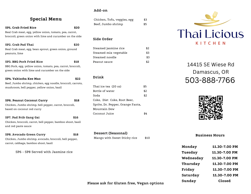 Thai Licious Kitchen LLC menu board