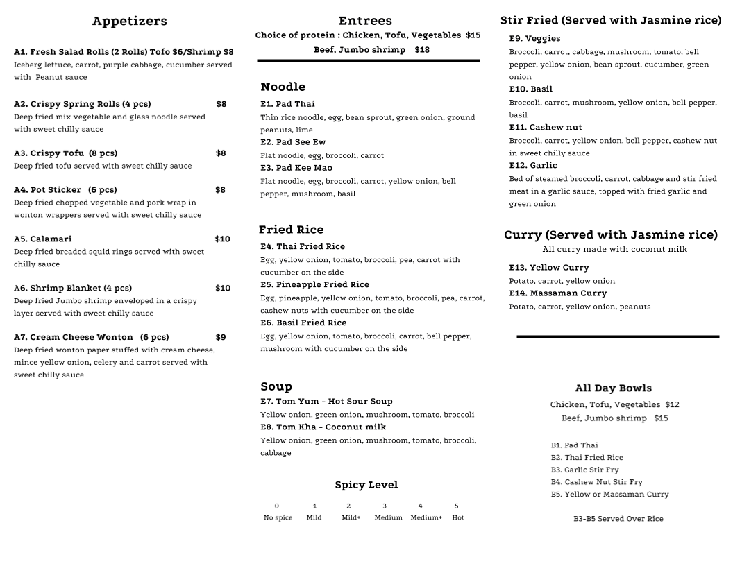 Thai Licious Kitchen LLC menu board