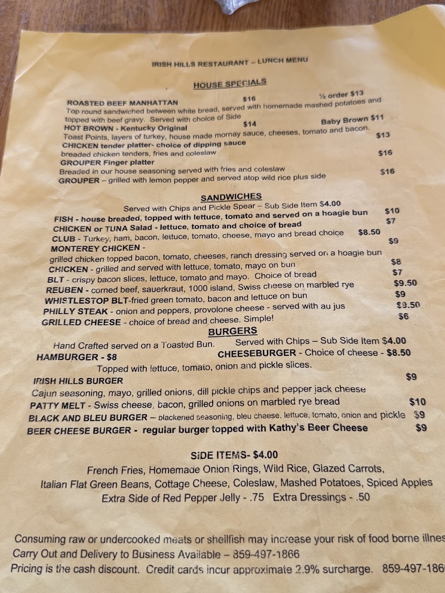 Irish Hills Restaurant and Events menu board