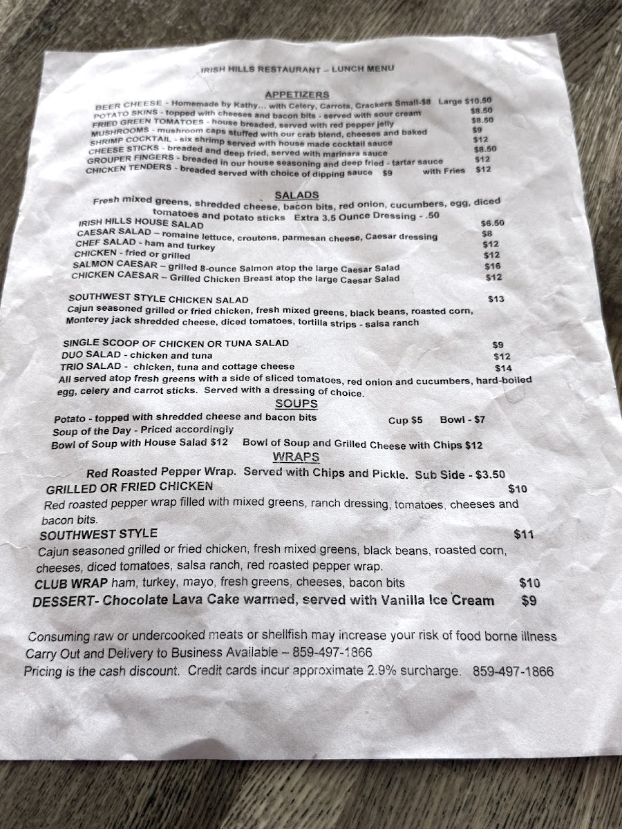 Irish Hills Restaurant and Events menu board